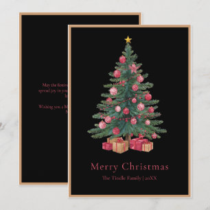 Elegant Black Pink Watercolor Christmas Tree Holiday Card