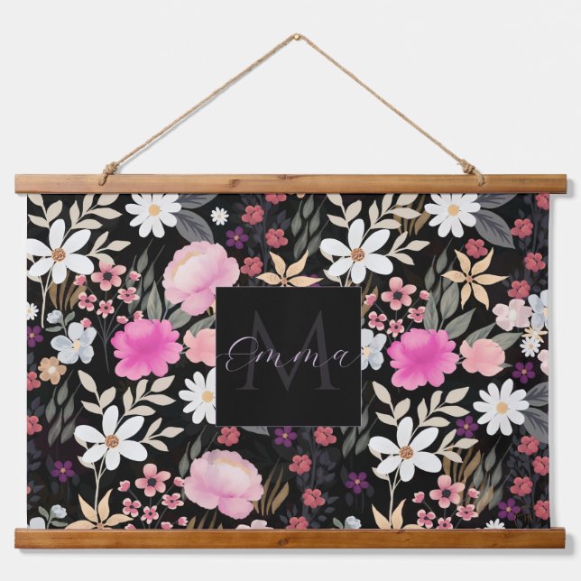 Elegant Black Pink Wildflowers Boho Floral Paint Hanging Tapestry (Front)
