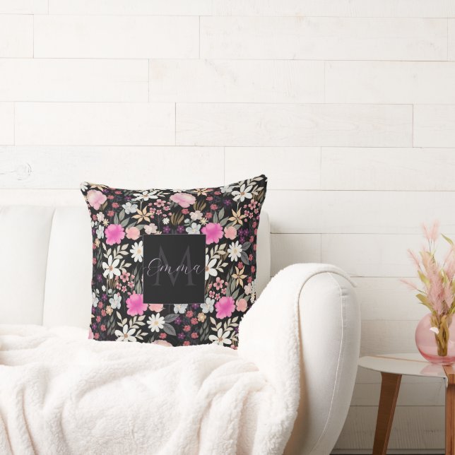 Elegant Black Pink Wildflowers Boho Floral Paint Throw Pillow (Couch)