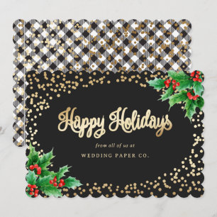 Elegant Black Plaid Watercolor Holly Business Holiday Card