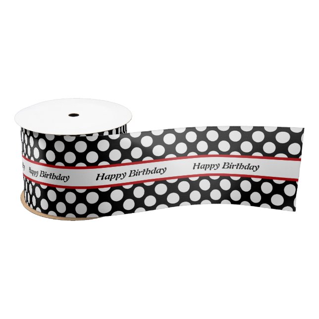 Elegant Black Polka Dot Happy Birthday Satin Ribbon (Spool)
