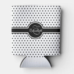 Elegant Black Polka Dots on White Monogram Can Cooler