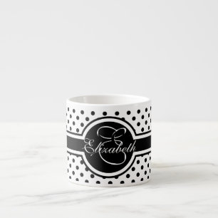 Elegant Black Polka Dots on White Monogram Espresso Cup