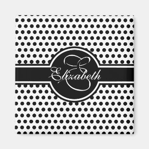 Elegant Black Polka Dots on White Monogram Magnet