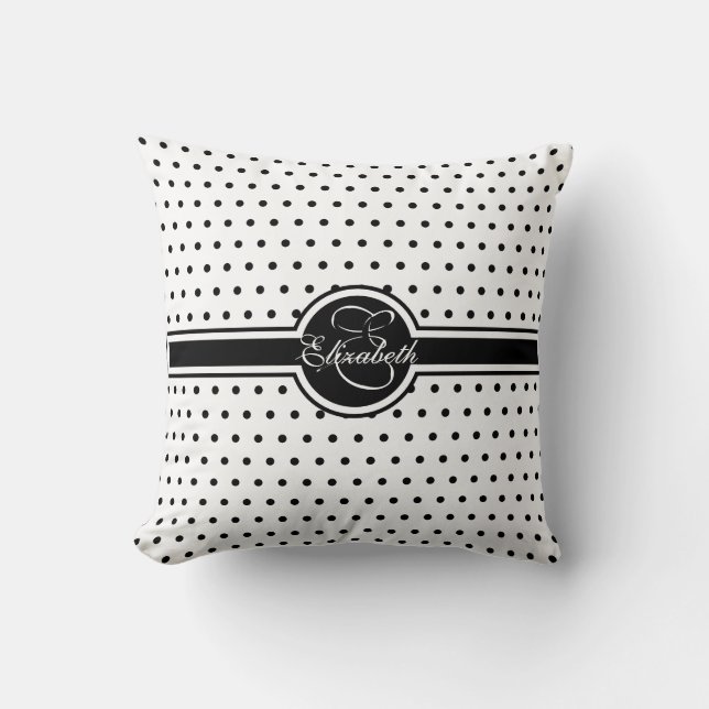 Elegant Black Polka Dots on White Monogram Throw Pillow (Front)
