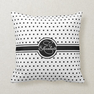 Elegant Black Polka Dots on White Monogram Throw Pillow