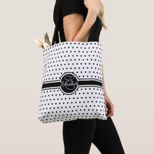 Elegant Black Polka Dots on White Monogram Tote Bag