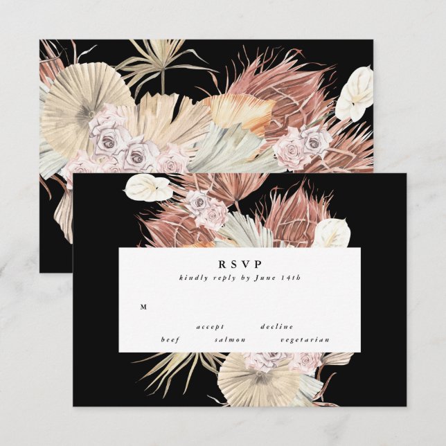 Elegant Black Premium Pampas Grass Floral Wedding RSVP Card (Front/Back)