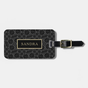 Elegant black printed lace pattern with name luggage tag