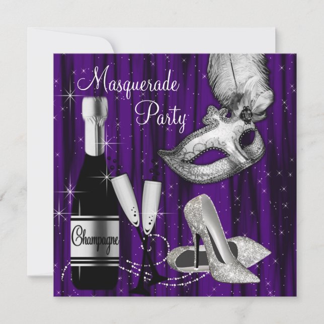 Elegant Black Pruple Masquerade Party Invitation (Front)