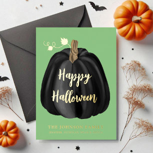 Elegant Black Pumpkin Halloween Gold Foil Holiday Card