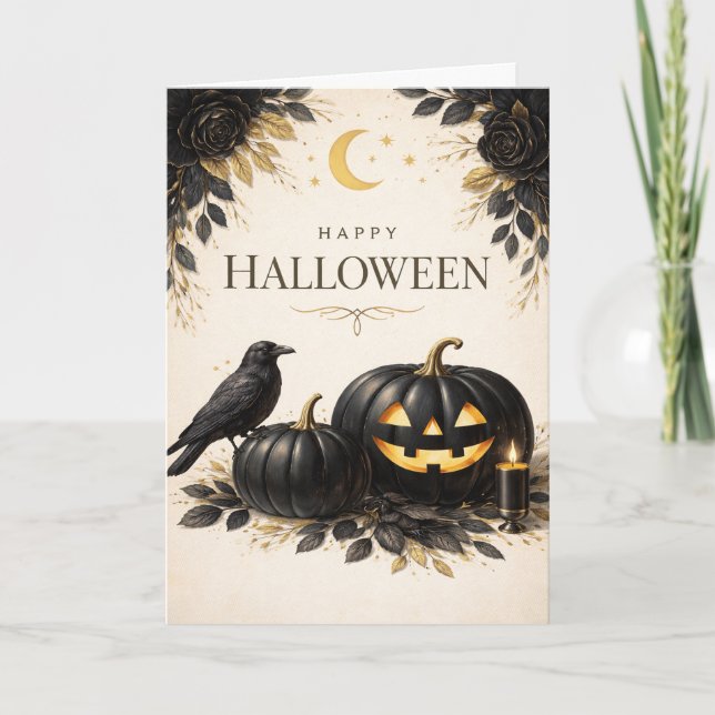 Elegant Black Pumpkins Gothic Halloween Card (Front)