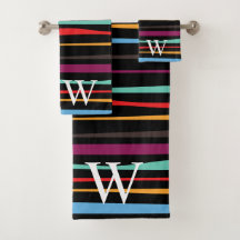 Elegant black purple and yellow stripes monogram