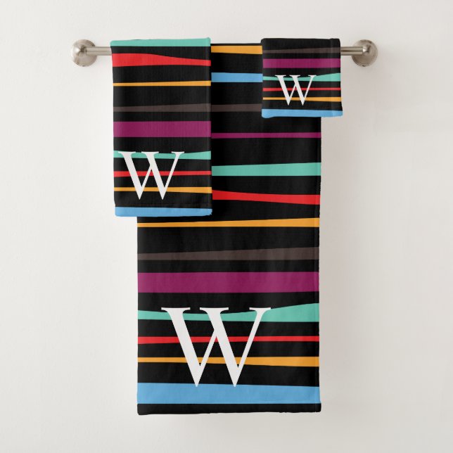 Elegant black purple and yellow stripes monogram bath towel set (Insitu)