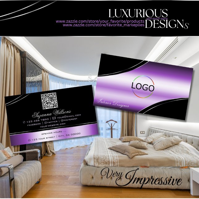 Elegant Black Purple Curved Lines Logo and QR Code Business Card (Creator Uploaded)