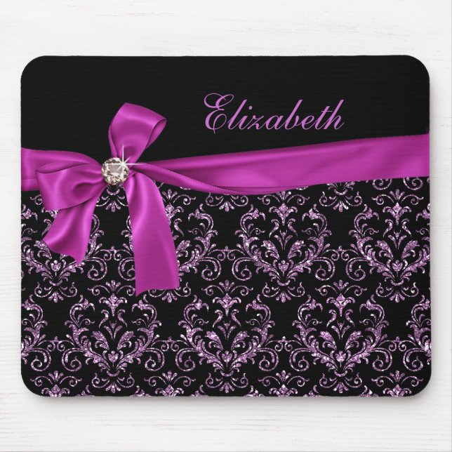 Elegant Black Purple Damask Diamond Bow Custom Mouse Pad (Front)