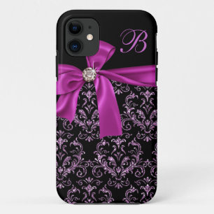 Elegant Black Purple Damask Diamond Bow Monogram iPhone 11 Case