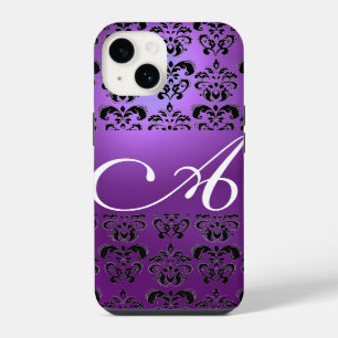 ELEGANT BLACK PURPLE DAMASK MONOGRAM iPhone 14 CASE