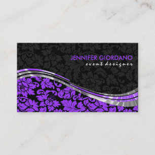 Elegant Black & Purple Damasks With Silver Accents Business Card