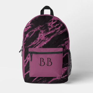 Elegant Black & Purple Glitter Marble Initials Printed Backpack