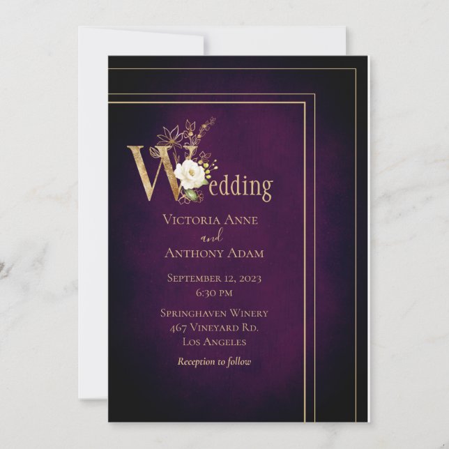 Elegant Black Purple Gold Modern Ombre Wedding Invitation (Front)