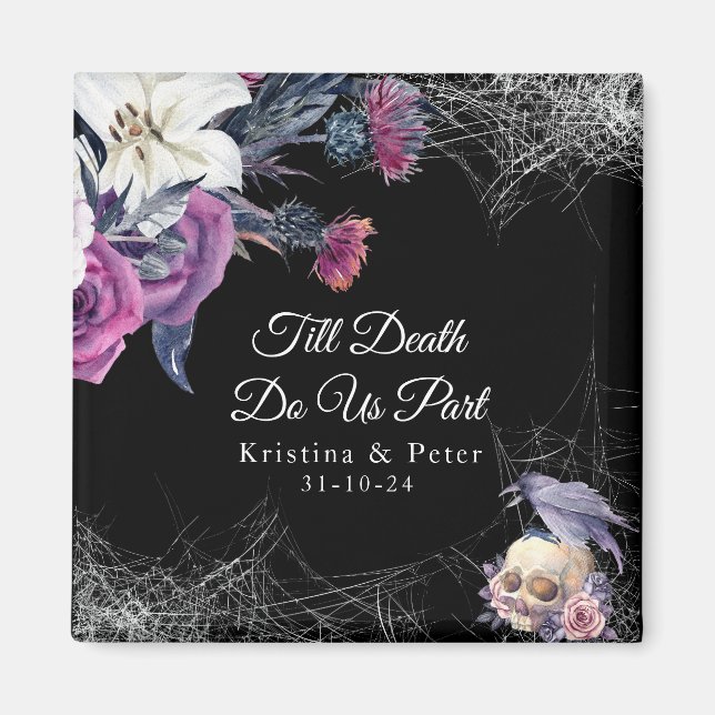 Elegant Black Purple Gothic Floral Skull Wedding Magnet (Front)