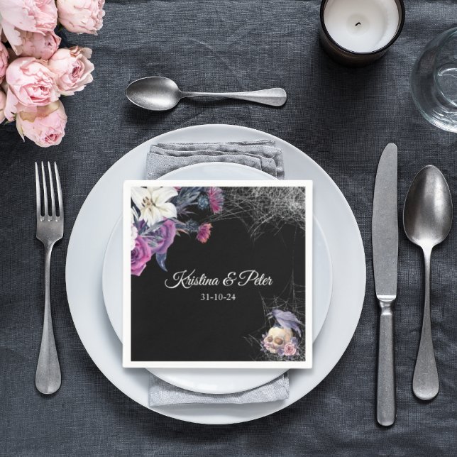 Elegant Black Purple Gothic Floral Skull Wedding Napkin (Creator Uploaded)