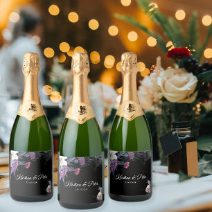 Elegant Black Purple Gothic Floral Skull Wedding Sparkling Wine Label