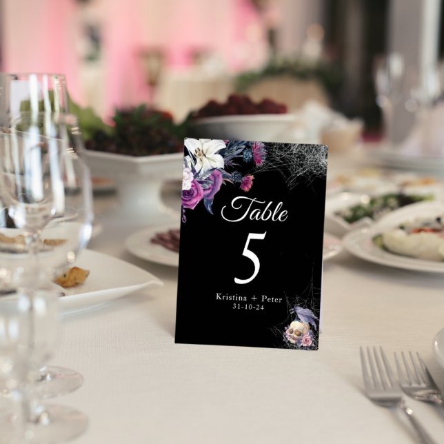 Elegant Black Purple Gothic Floral Skull Wedding Table Number (Creator Uploaded)