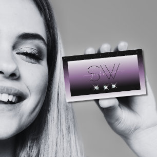 Elegant Black Purple Ombre Sparkle Jewels Monogram Business Card