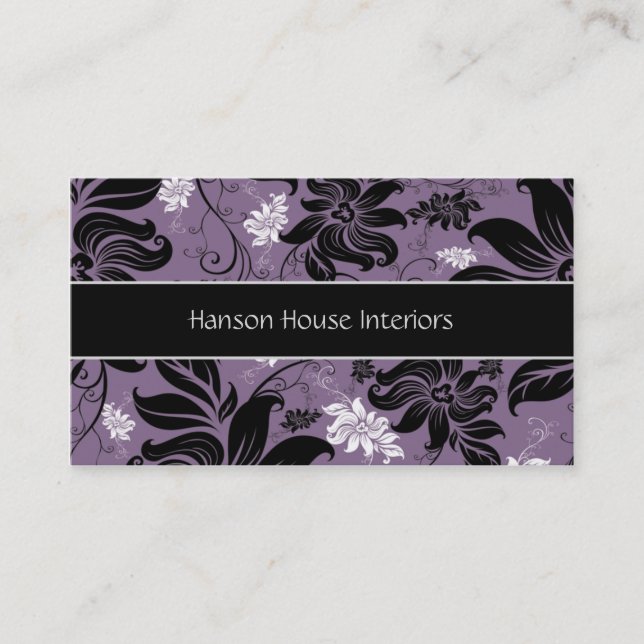Elegant Black Purple White Floral Business Card (Front)