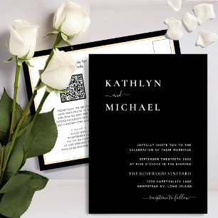Elegant Black QR Code All In One Modern Wedding Invitation Postcard