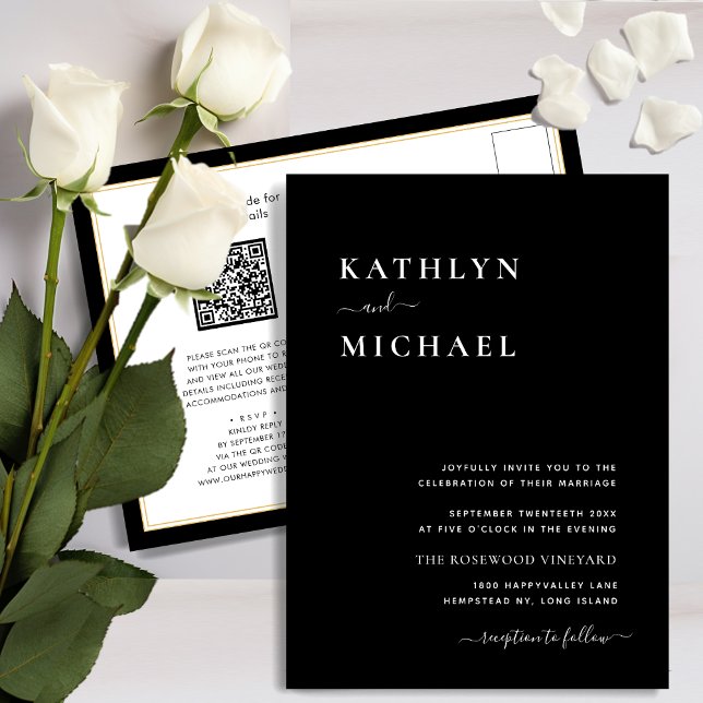 Elegant Black QR Code All In One Modern Wedding Invitation Postcard (Creator Uploaded)