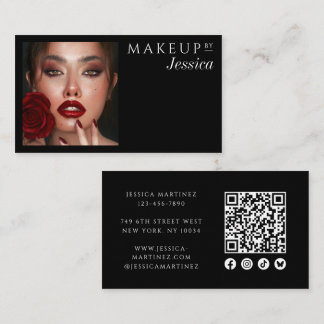 Elegant Black QR Code Social Icons Photo Makeup Business Card