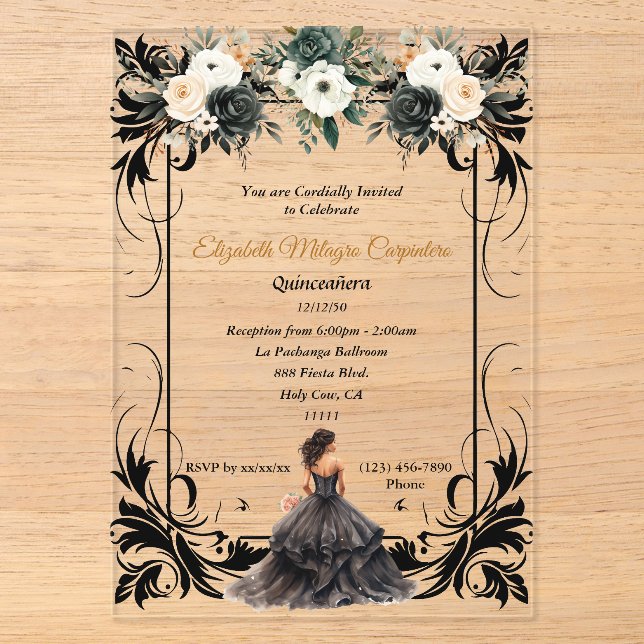 Elegant Black Quinceañera Floral Acrylic Invitations (Front)