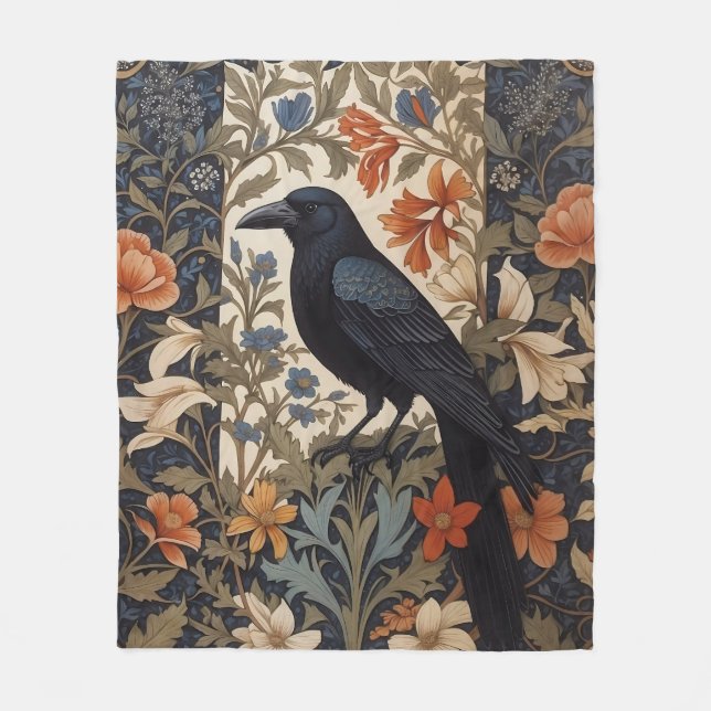 Elegant Black Raven William Morris Inspired Floral Fleece Blanket (Front)