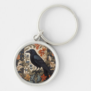 Elegant Black Raven William Morris Inspired Floral Keychain