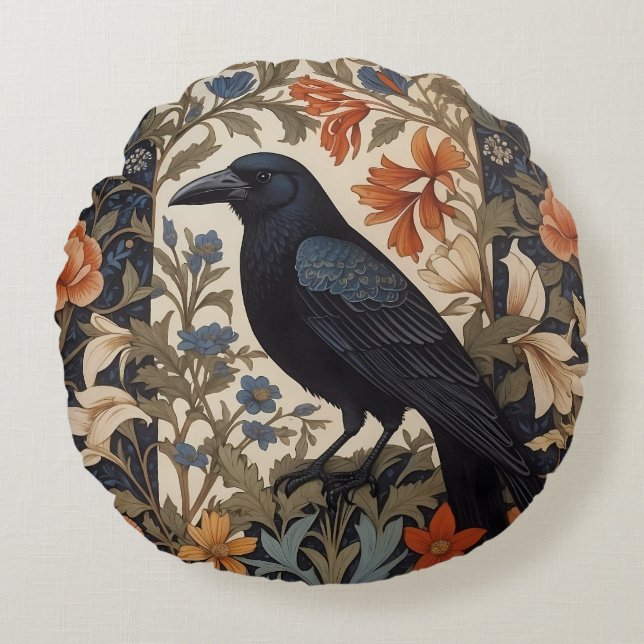 Elegant Black Raven William Morris Inspired Floral Round Pillow (Front)