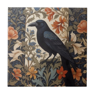 Elegant Black Raven William Morris Inspired Floral Tile