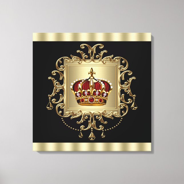 Elegant Black Red and Gold Crown Canvas Wall Art (Front)
