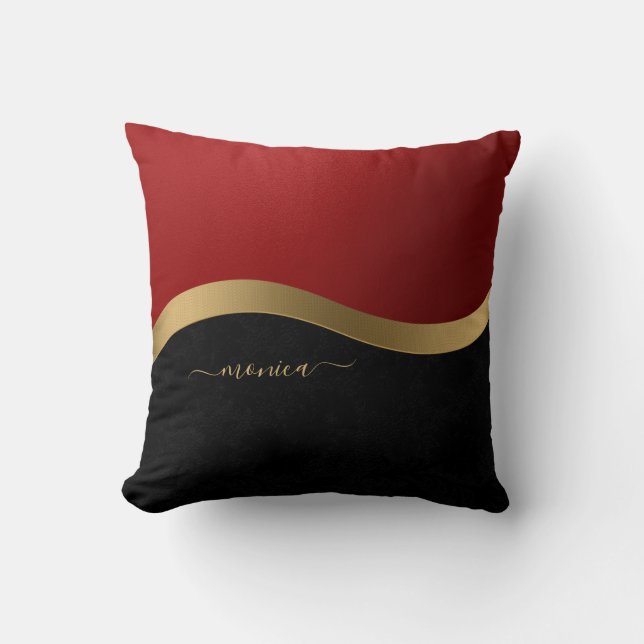 Elegant Black Red and Gold Personalized Throw Pillow (Front)