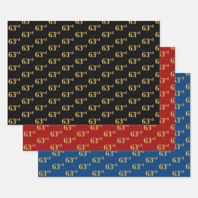 Elegant Black, Red, Blue, Faux Gold 63rd Event # Wrapping Paper Sheet (Set)