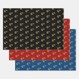 Elegant Black, Red, Blue, Faux Gold 6th Event # Wrapping Paper Sheet