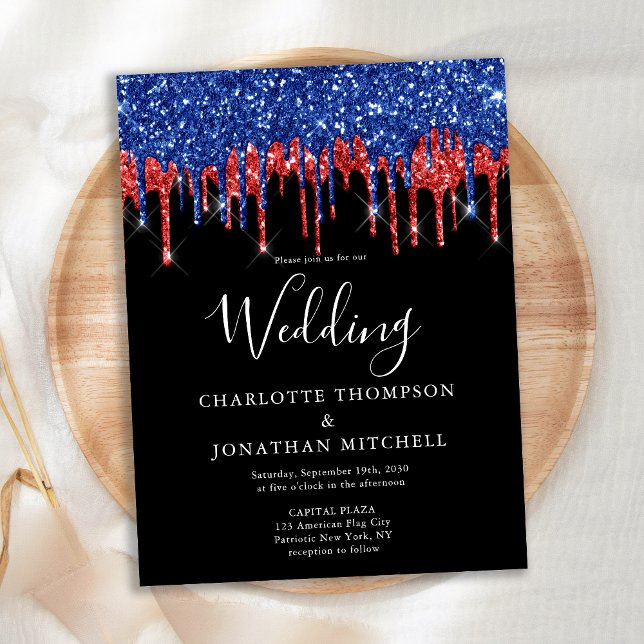 Elegant Black Red Blue Glitter Drips Wedding Announcement Postcard (Creator Uploaded)