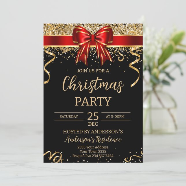 Elegant Black Red Bow Christmas Holiday Party Invitation (Standing Front)