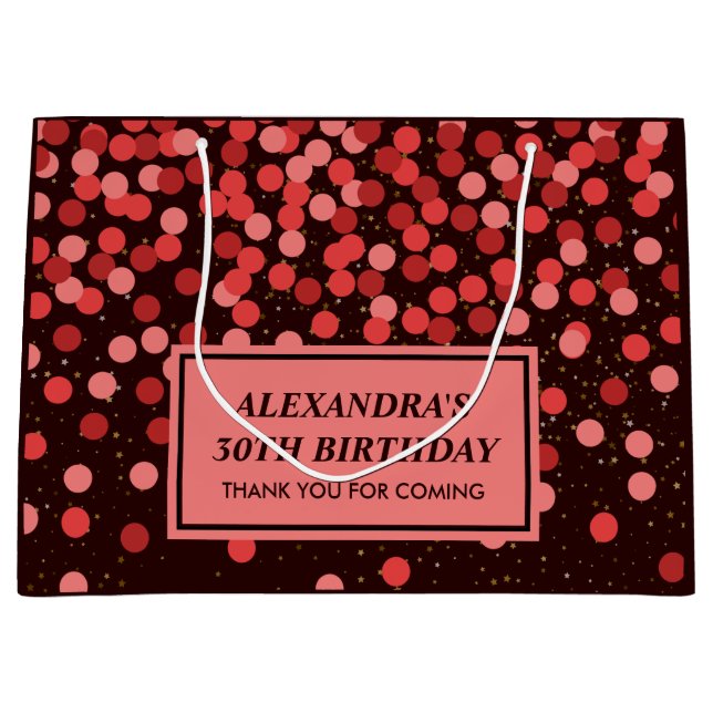 Elegant Black Red Confetti Birthday Large Gift Bag (Front)