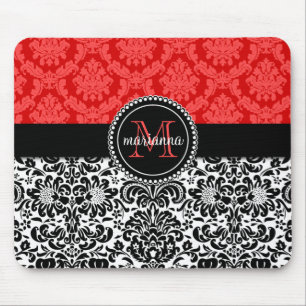 Elegant Black Red Damask Personalized Mouse Pad