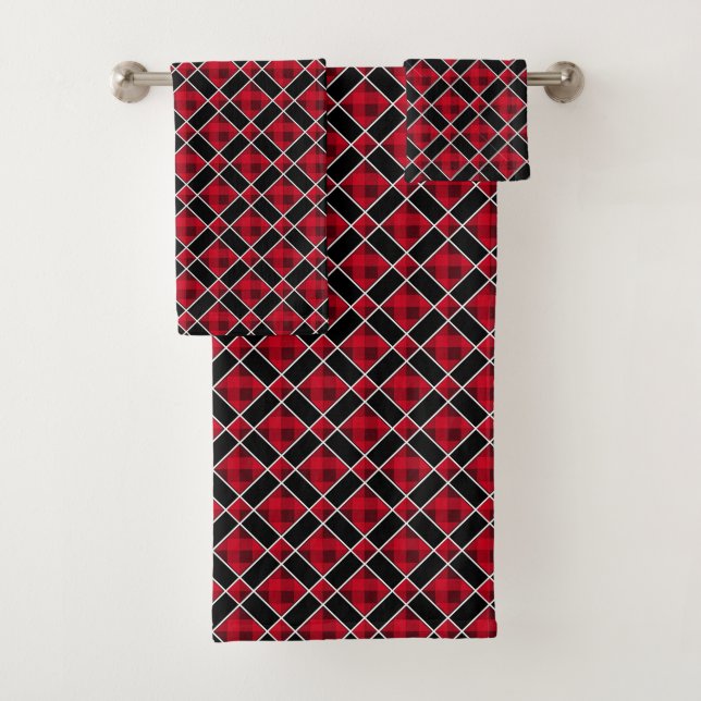 Elegant black & red diamond pattern bath towel set (Insitu)