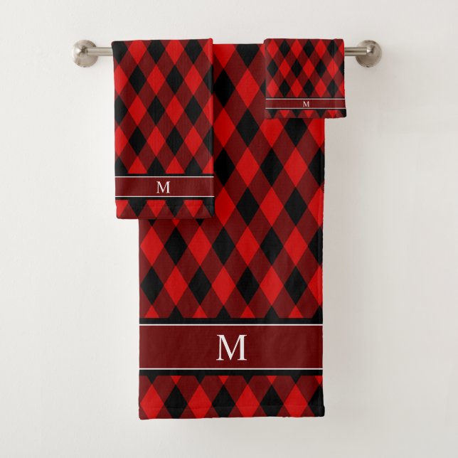 Elegant Black Red Diamond Pattern & Monogram Bath Towel Set (Insitu)