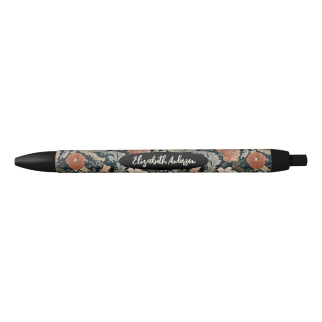 Elegant Black Red Floral Monogram Black Ink Pen (Front)